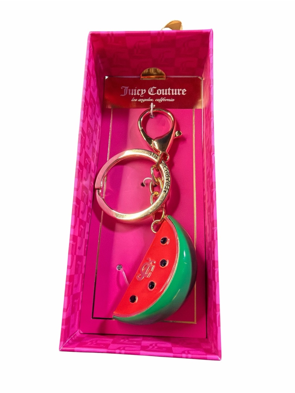 Juicy Couture Gold Tone Keyring with Pink Box and Red & Green Watermelon Charm
